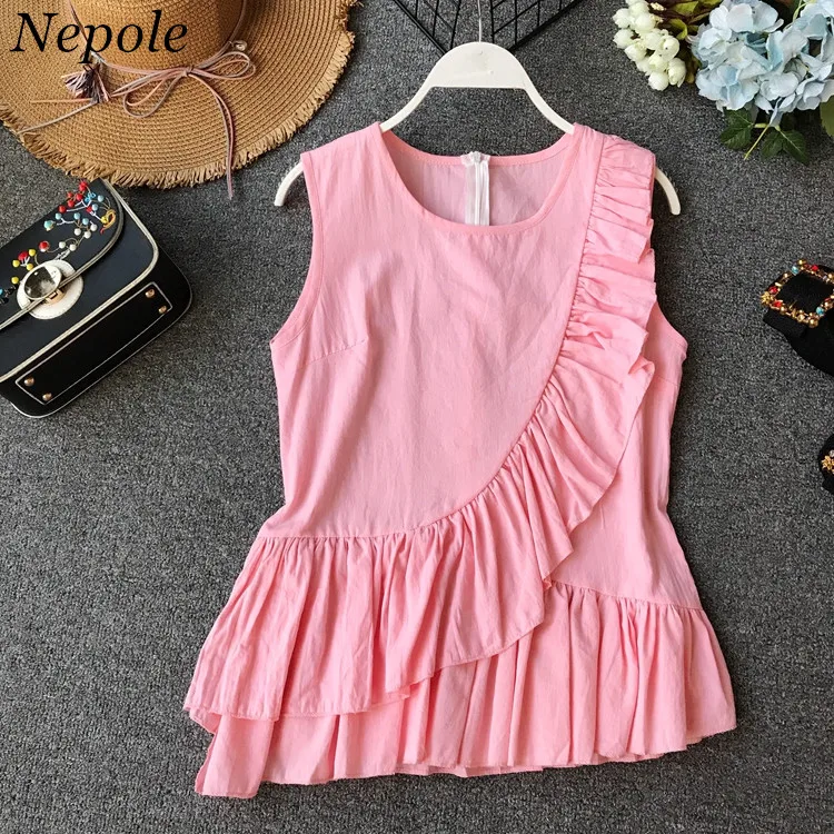 Neploe нерегулярные оборками без рукавов Лето Blusas 2019 новые модные с круглым вырезом