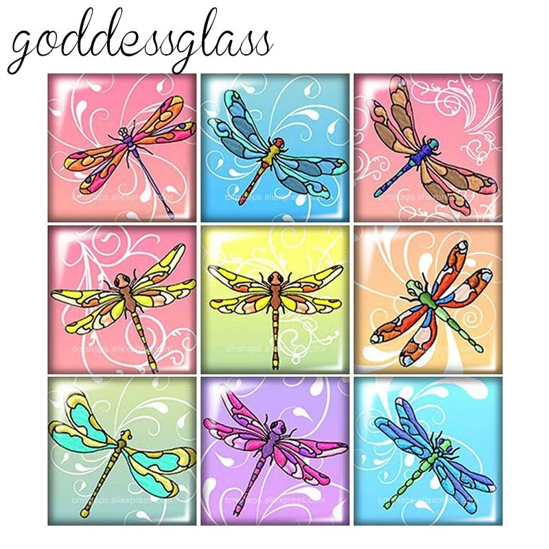 New dragonfly beauty patterns 10pcs mixed 12mm/20mm/25mm/30mm Square photo glass cabochon demo flat back Making findings | Украшения и