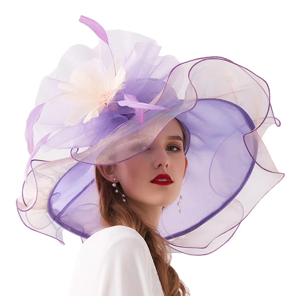 Purple Sun Hats FS новые женские шляпы для церкви, элегантные летние шляпы из органзы, женские вечерние шляпы с большим цветком - Цвет: Purple Sun Hats
