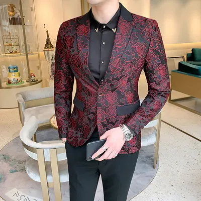 Певица костюмы Красный цветочный жаккардовые пиджак Slim Fit M-5XL плюс Размеры