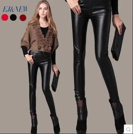 High waist women's leather pants autumn and winter  velvet thickening PU skinny trousers womens black fashion