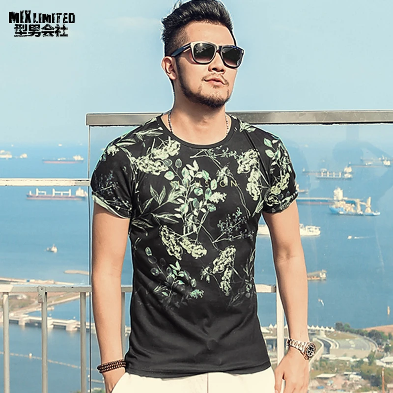 Мужская хлопковая футболка с короткими рукавами летняя Приталенная цветочным