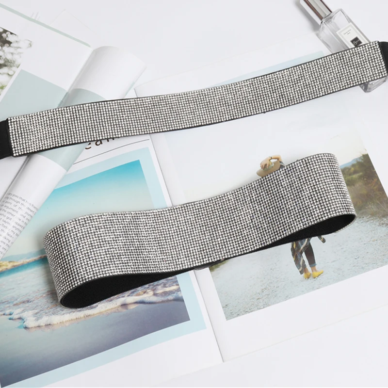 

2020 Beautiful Rhinestones Crystal Women's wide Belt Girdle metal Button Elastic Band Dress bride Belts Female Elegant Waist