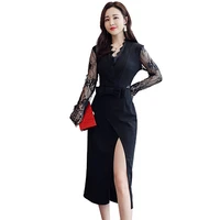 2019 spring new dress large size split dress fashion slim waist slim slimming lace bow stitching irregular womens clothing