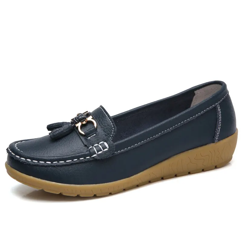 Dark Blue Удобная женская летняя обувь на плоской подошве; коллекция года; обувь для мам на плоской подошве; женская обувь из мягкой натуральной кожи; Лоферы размера плюс - Цвет: Dark Blue