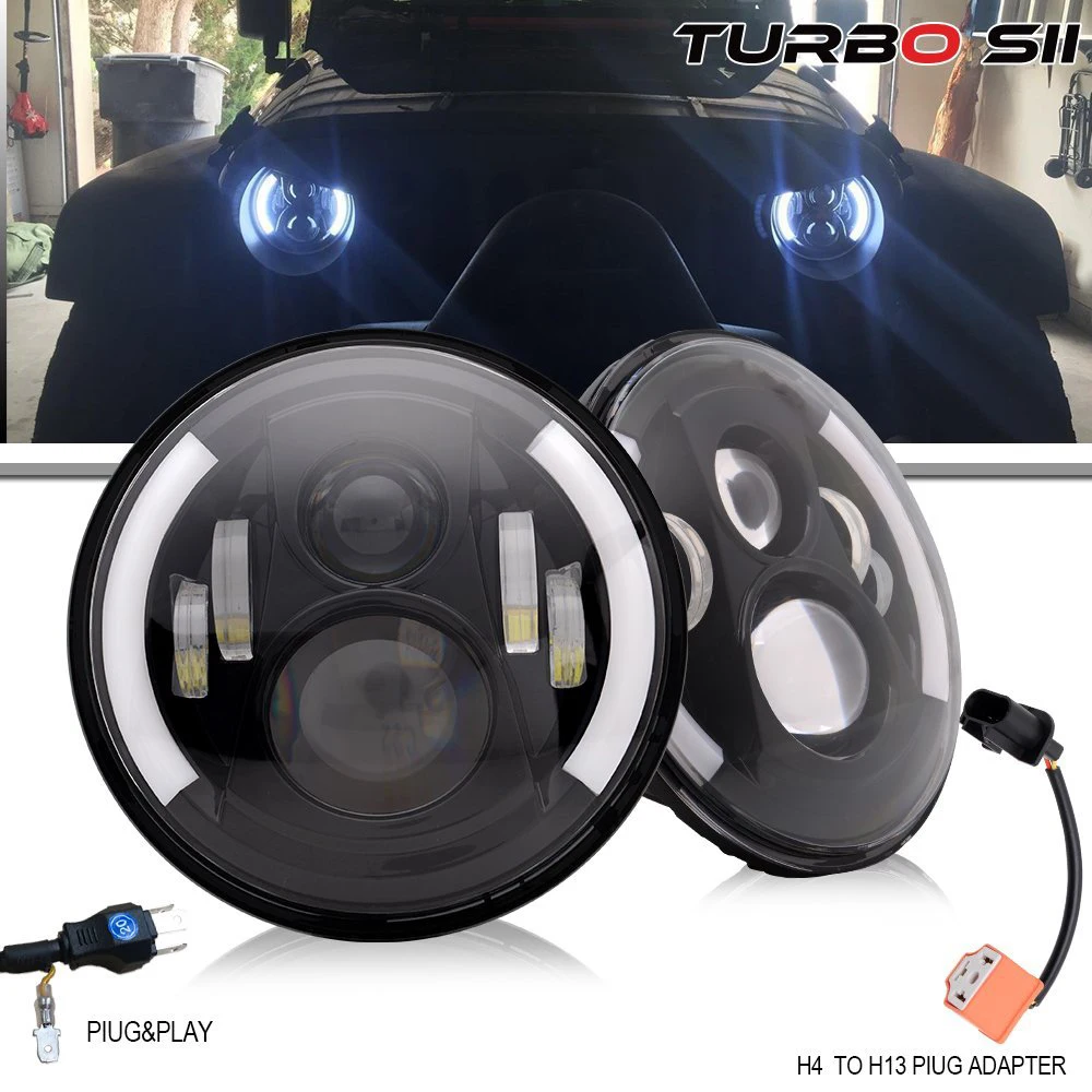 Семидюймовый LED-фары с двухсторонним световым кольцом и оранжевыми указателями поворота 7" для Jeep Wrangler, Lada Niva 4X4, UAZ Hunter.