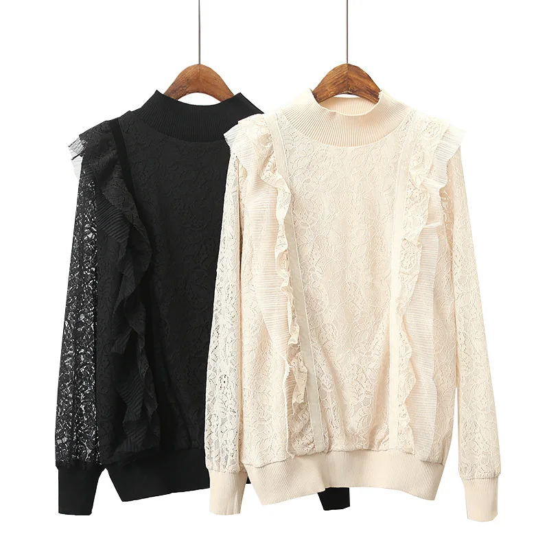 Женские блузки с воротником стойкой кружевные вязаные крючком плотные бежевые