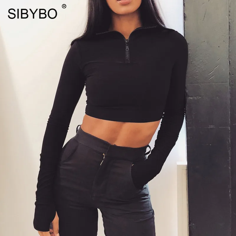 Женский комбинезон с высоким воротом Sibybo, повседневный комплект на молнии из 2 частей, набор черного цвета из укороченного топа с длинными рукавами и шортиков для осени