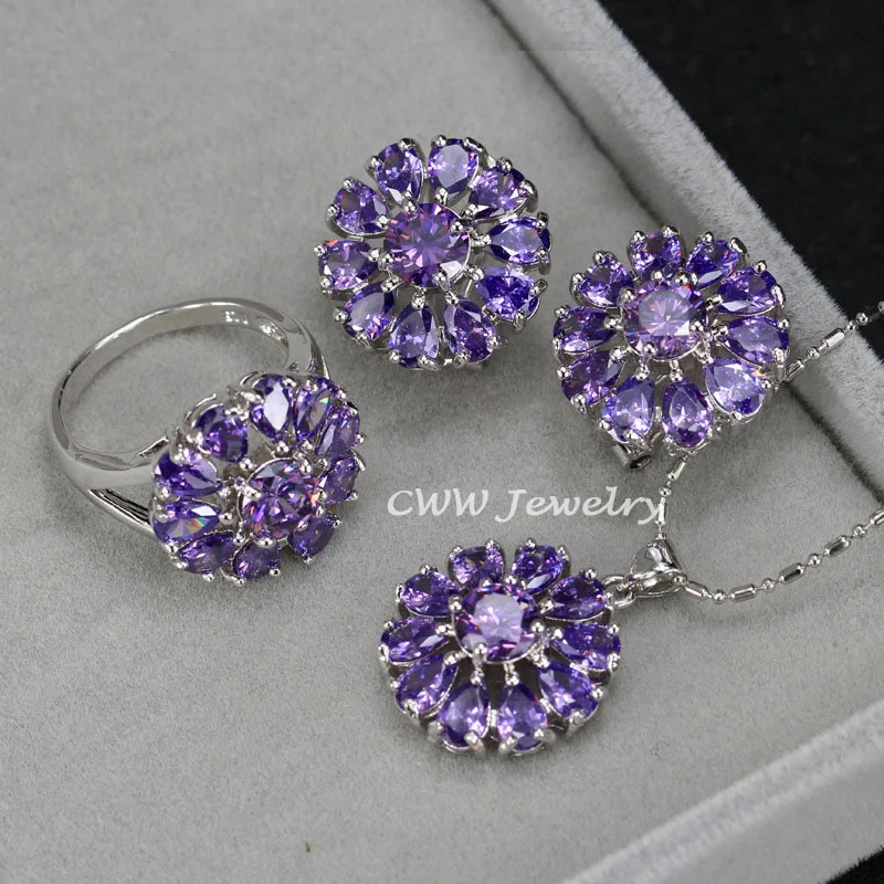 purple CWWZircons классическое зеленое ожерелье с подвеской из кристаллов в виде цветка серьги и кольца наборы для женщин Модный Cosutme комплект ювелирных изделий T269 - Окраска металла: purple