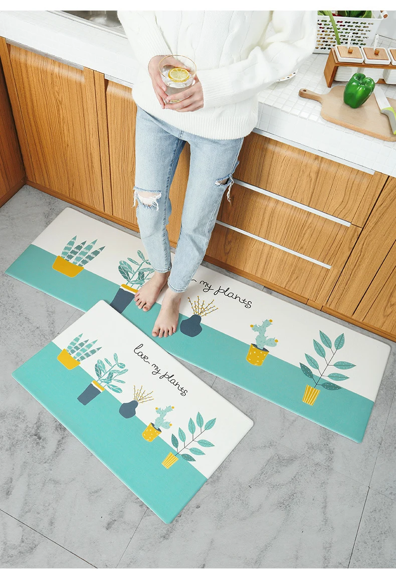 Long Kitchen Mat Bath Carpet Printing Mats PVC Leather Anti Slip Bottom Mat Waterproof Mat for Home Kitchen Oil-Proof Floor Mat