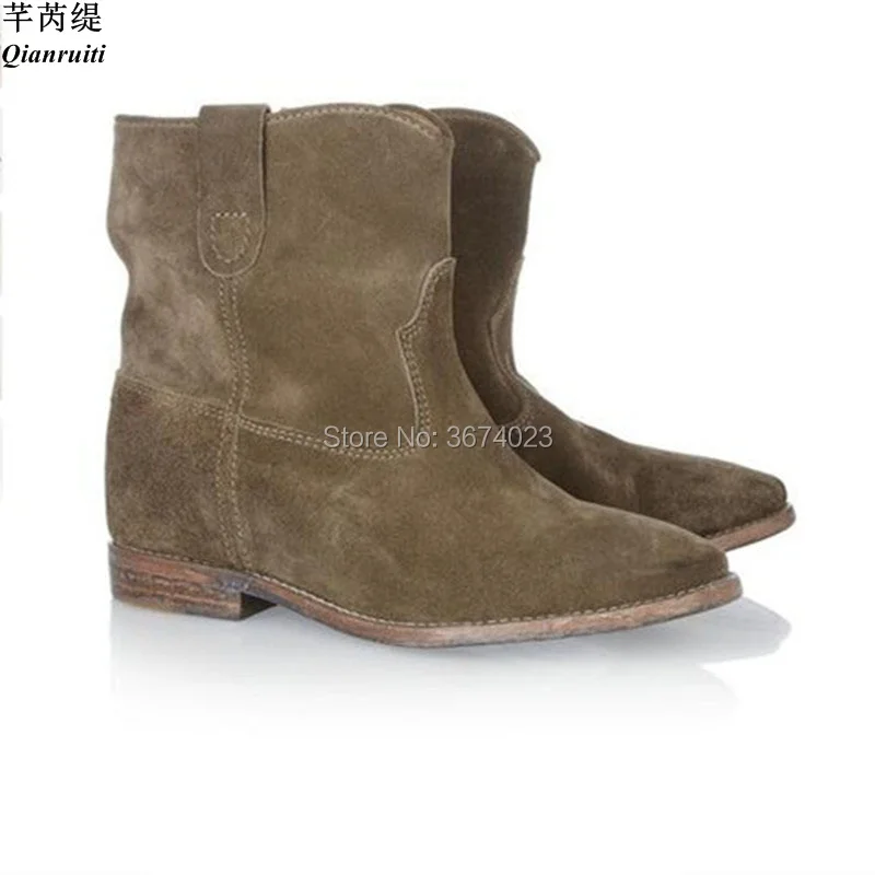 

Qianruiti Crisi Suede Wedge Biker Boots Women Distressed Ankle Boots Retro Style Slip on Chelsea Booties Western Shoes Women