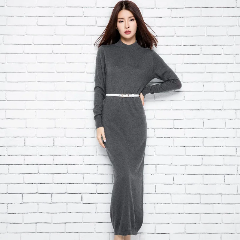 

2019 Women Autumn Winter Dress Knitted Half Turtleneck Ankle-Length Slim Fitted Cashmere Sweater Dress