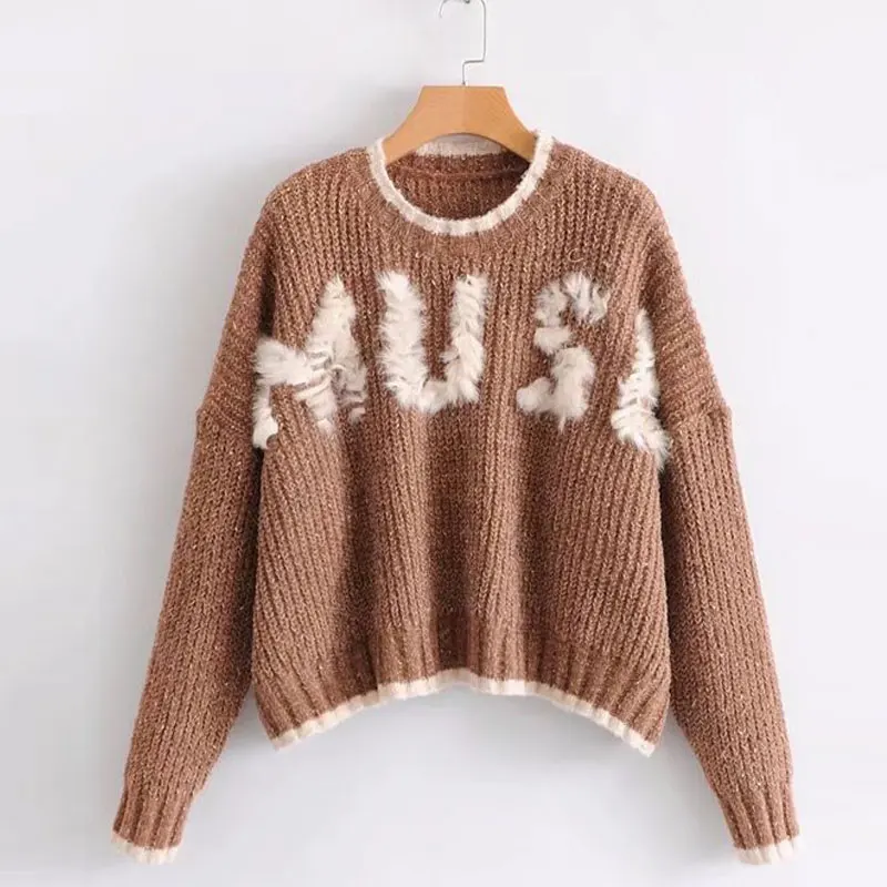2017 New Winter Woman Sweater Pullover Hit Color Letters Patchwork Thick Knitting Sweaters Female Super Loose Top Wear | Женская одежда