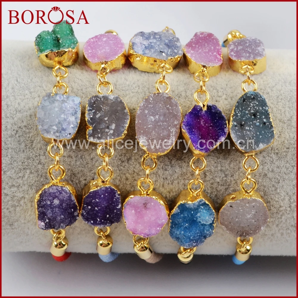Borosa золото Цвет Радуга Druzy Geode камень Талисманы Инструменты для наращивания волос Браслеты для Для женщин высокое качество Модные украшения g1440
