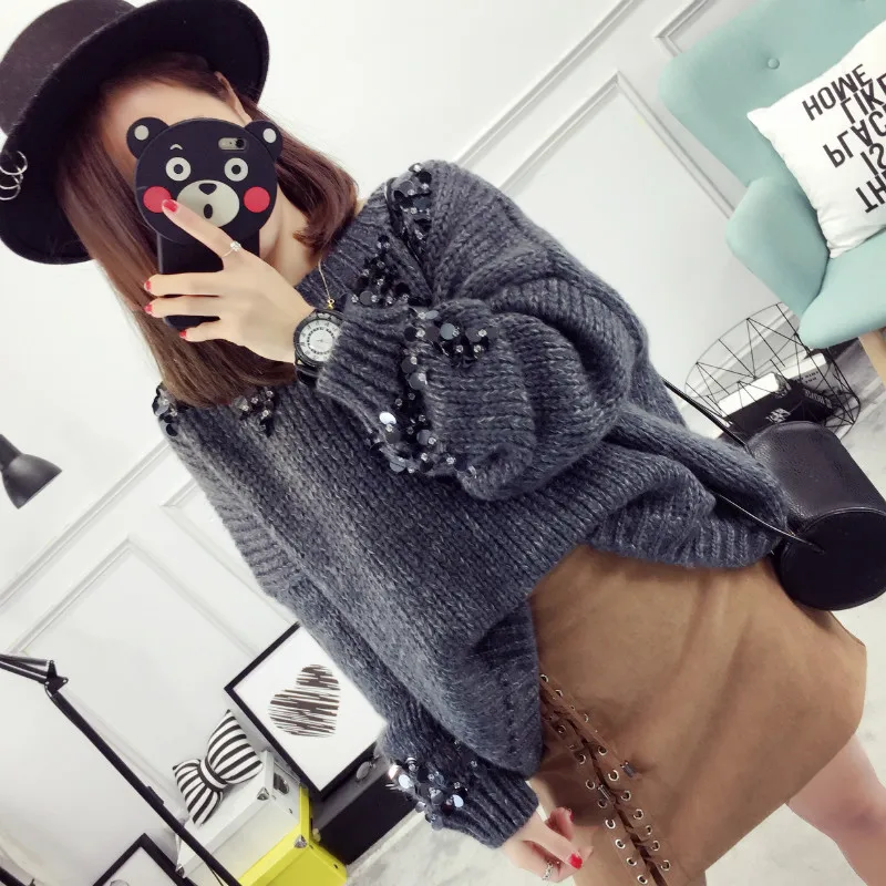 New Year Fall Winer Runway Sweater Women Sequined Knitting Sweaters Casual Loose Pullovers Female Warm Tops Outerwear | Женская одежда