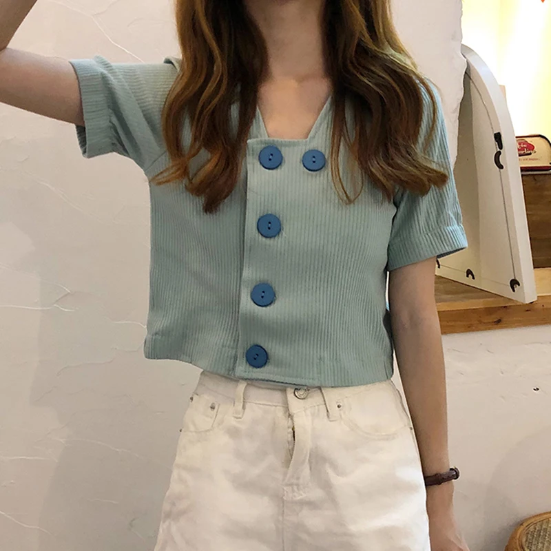 button v-neck solid color short sleeve casual crop tops summer new fashion brand Korean style t-shirts Women Clothing modis tees | Женская