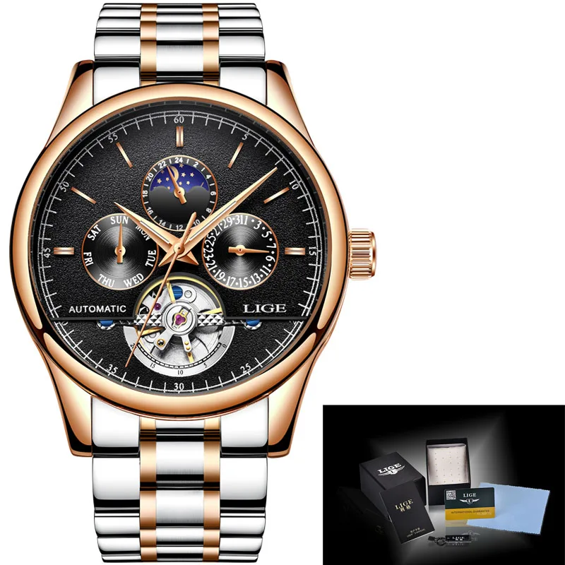 gold black steel Новые LIGE часы мужские роскошные брендовые автоматические часы мужские полностью стальные водонепроницаемые Бизнес наручные часы модные часы Relogio Masculino - Цвет: gold black steel