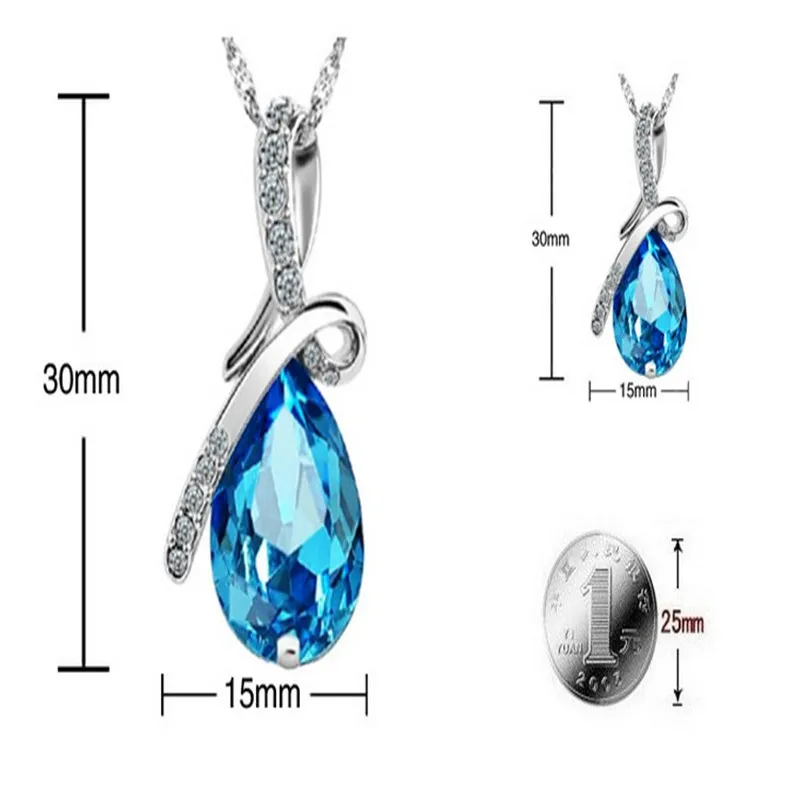 FENGASHOUW синий кристалл капли воды кулон ожерелье с родиевым напылением и цирконами