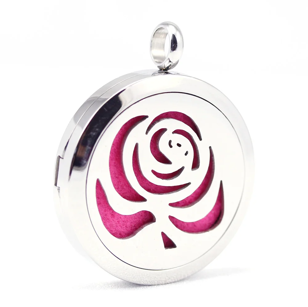 

30mm 316L stainless steel rose flower aroma aromatherapy essential oil diffuser necklace