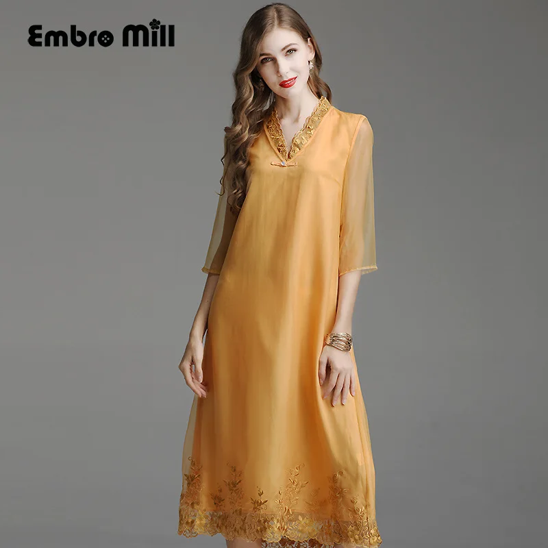 Embro Mill летнее женское платье из органзы с v образным вырезом оранжевый/белый vingage