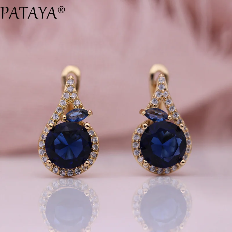 Sapphire PATAYA новые женские изящные благородные висячие серьги в виде лошадиного глаза 585 розовое золото круглый синий натуральный циркон Свадебные вечерние милые модные ювелирные изделия - Окраска металла: Sapphire