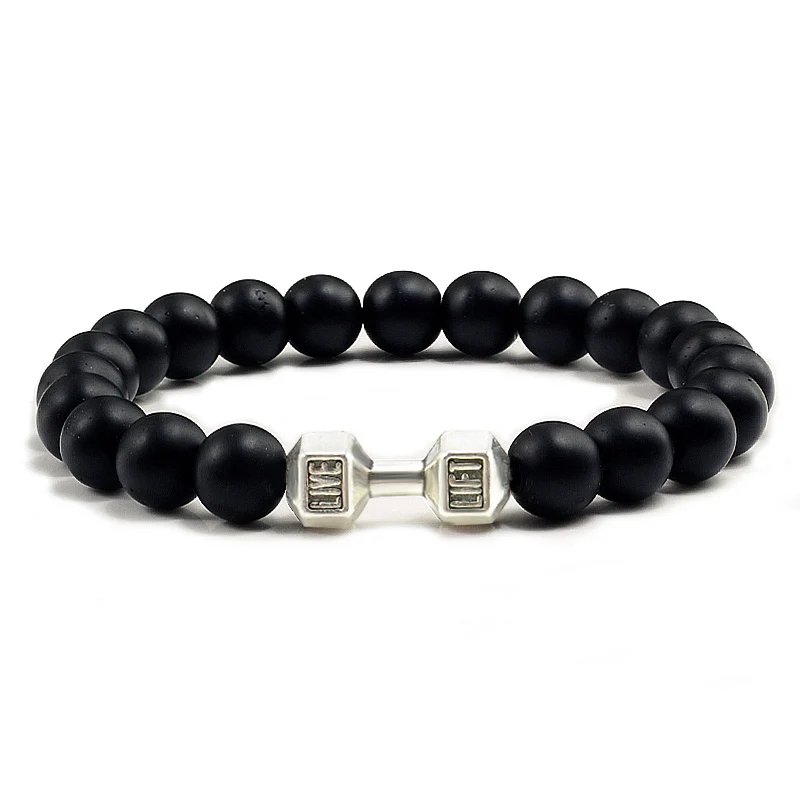 Black matte silver Браслет гантели из натурального черного вулканического лавы, черные матовые бусины, браслеты для женщин и мужчин, фитнес-штанга, ювелирные изделия, браслеты - Окраска металла: Black matte silver