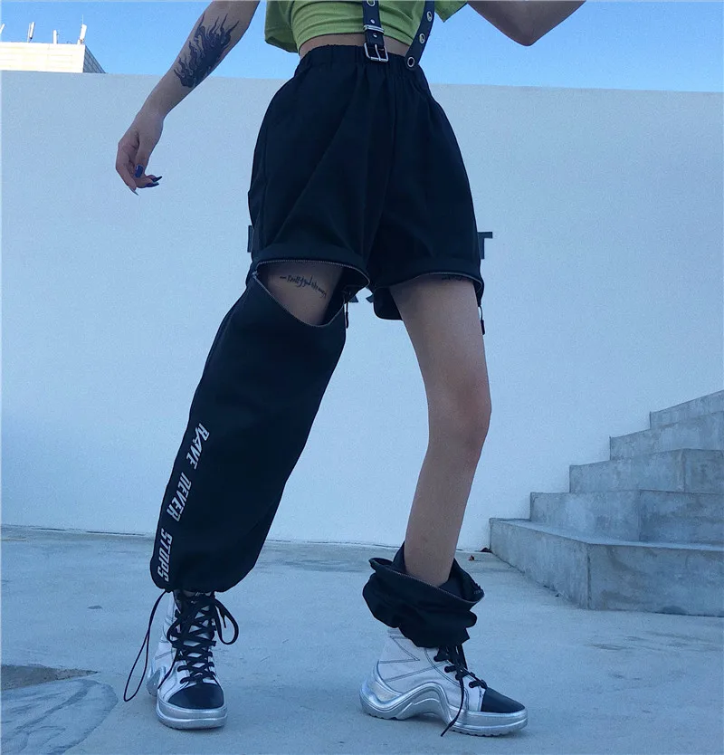 Новая Корейская уличная женская одежда Harajuku Ulzzang с буквенным принтом на молнии, свободные брюки-карго с высокой талией