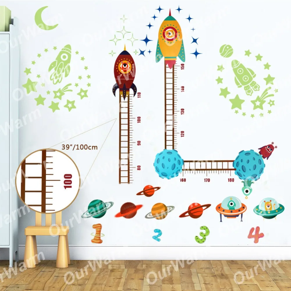 Теплые украшения для дня рождения, Детская космическая тема, светящиеся ПВХ наклейки на высоту, наклейки на космическую планету, украшение для дома