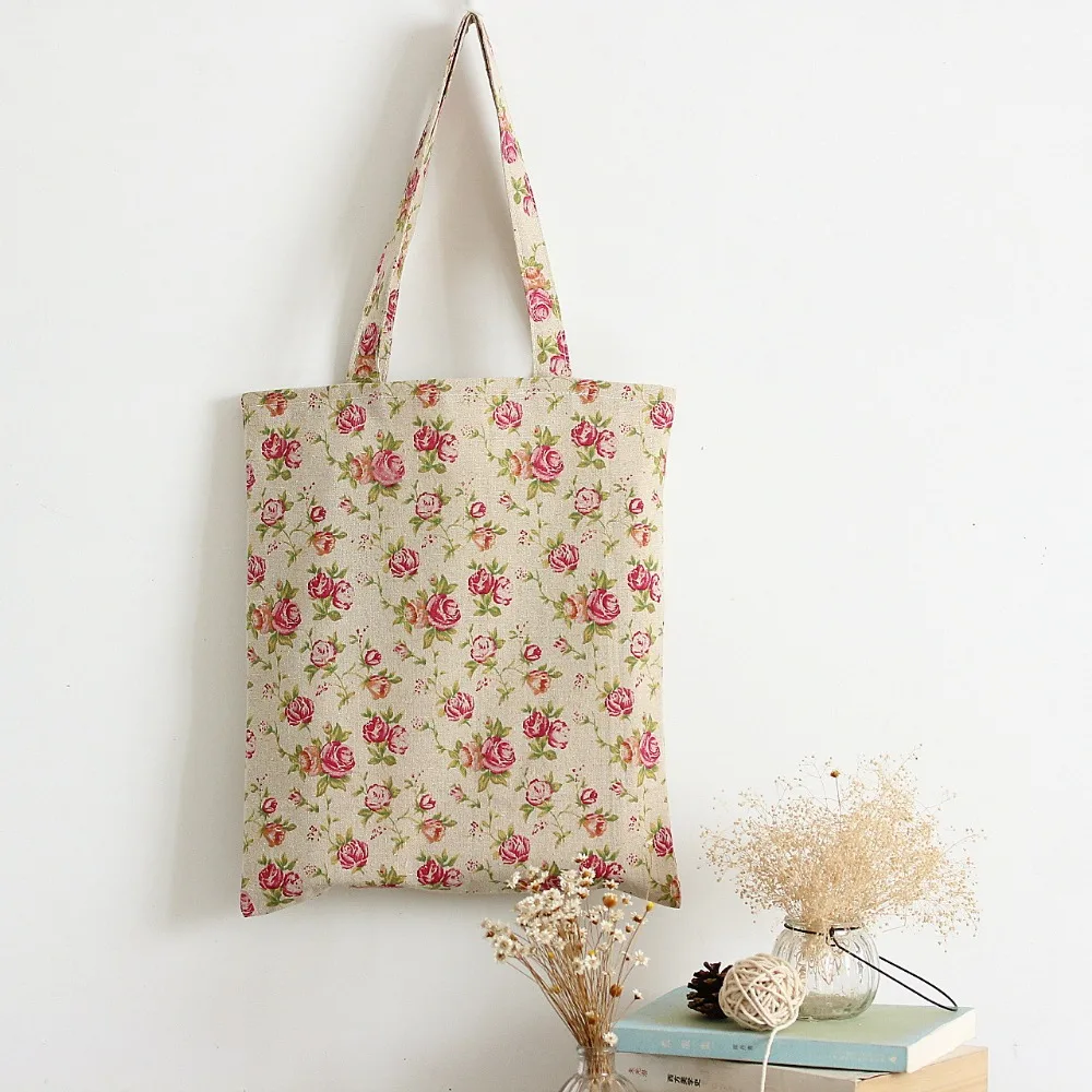 

YILE вручную Экологически чистая многоразовая сумка-шоппер через плечо из хлопка и льна, сумка-тоут с цветком розы L149
