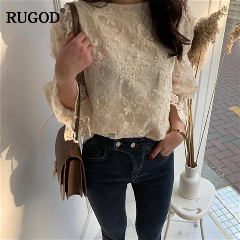 Женские шифоновые блузки RUGOD Vintge элегантные кружевные рубашки с расклешенными