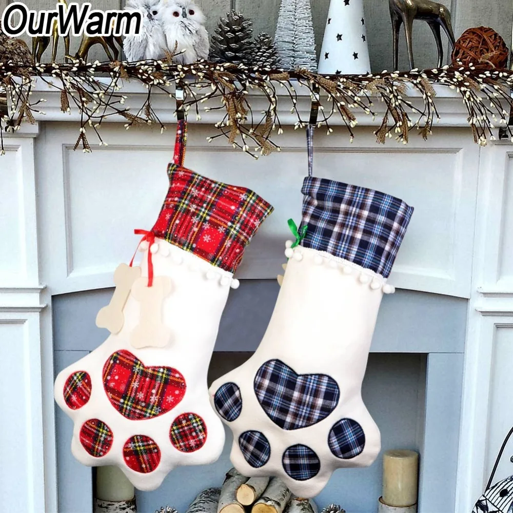 OurWarm 5 шт. рождественские чулки для домашних животных с собакой лапой клетчатые