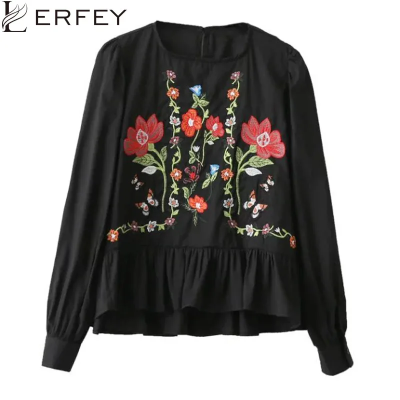 Lerfey блузка для Для женщин рубашка черный белый цвет цветочный Вышивка оборками