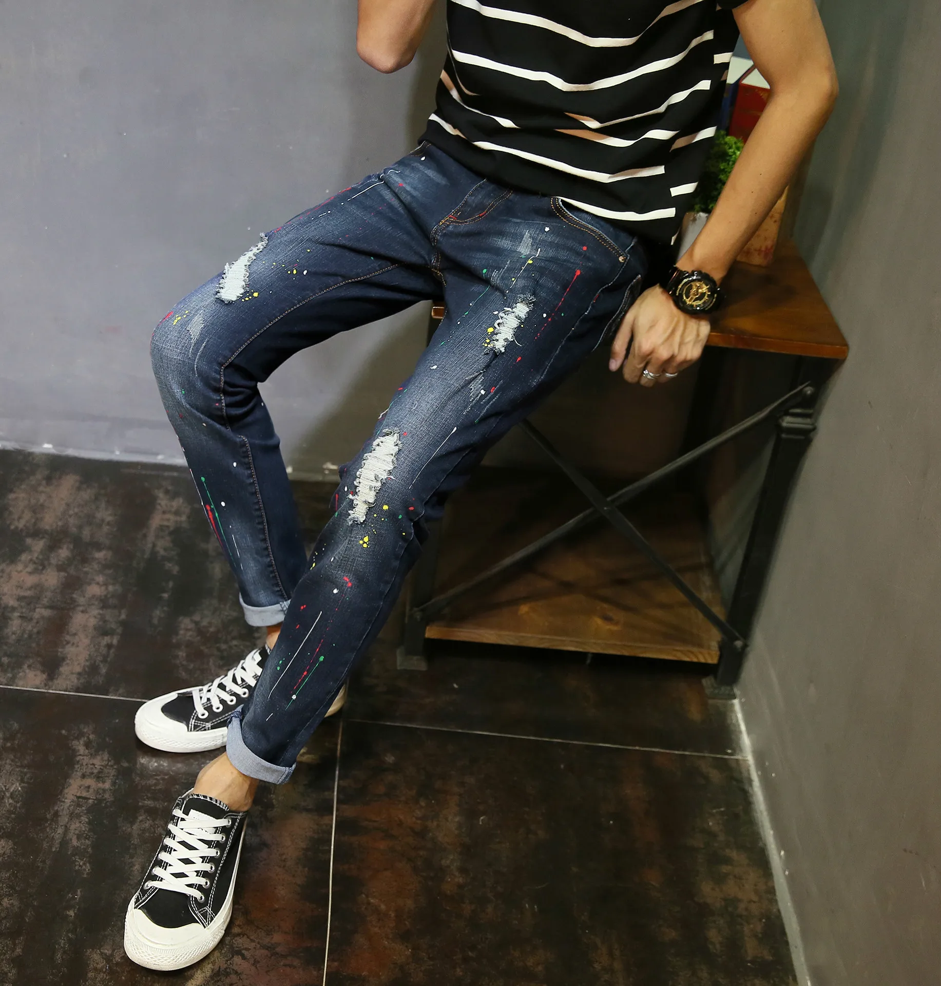 Мужские джинсы с принтом брендовые потертые джинсовые штаны синяя мужская