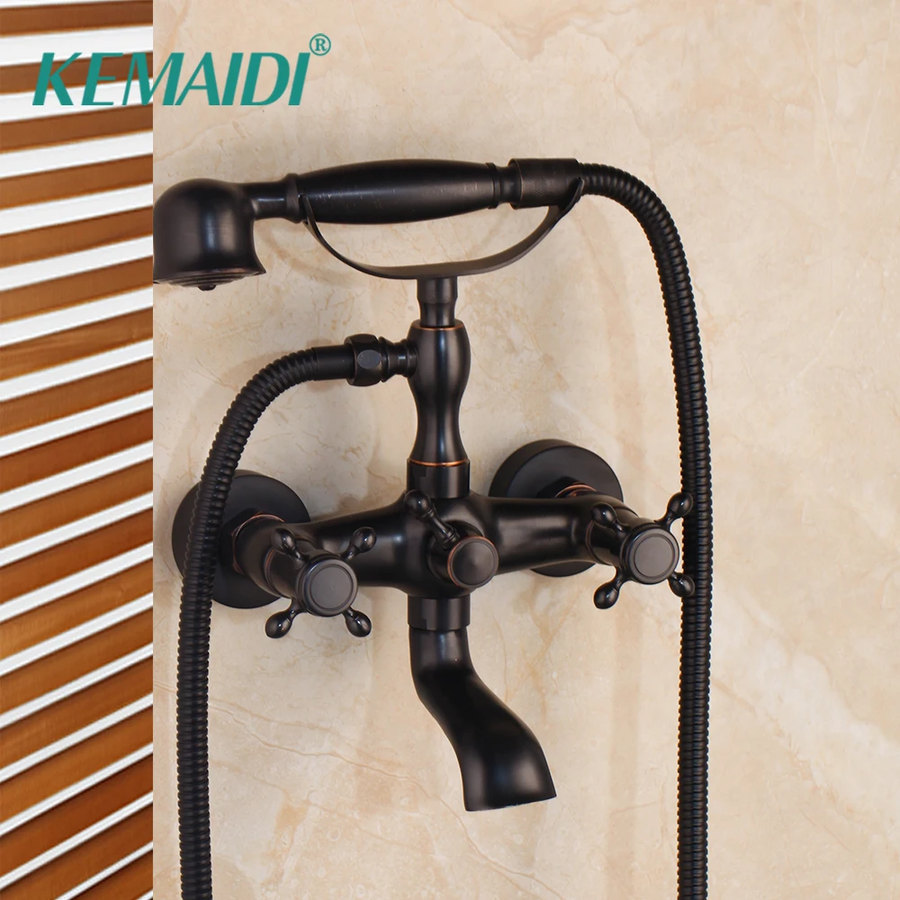 KEMAIDI Bathtub Black &amp Antique Brass Rainfall Stream Spout Tap Rain Shower Head Faucet Set Hot Cold Mixer | Обустройство дома