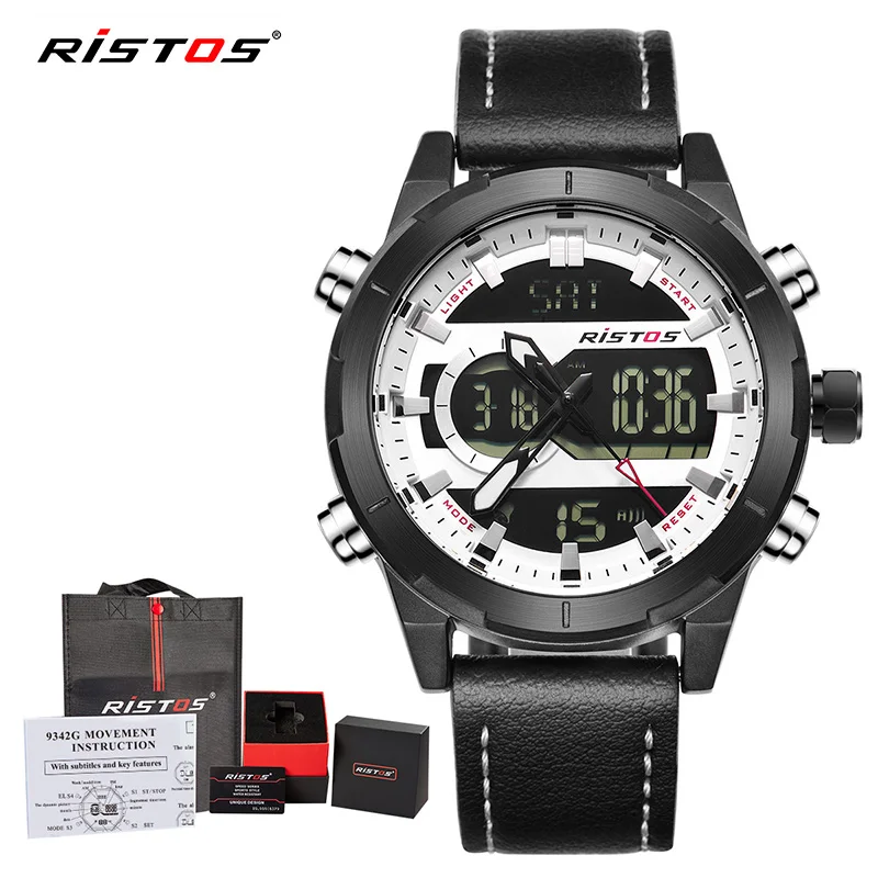 Black White RISTOS кожаные часы Топ бренд Relojes Masculino Hombre многофункциональный хронограф мужские спортивные аналоговые цифровые модные часы 9342 - Цвет: Black White