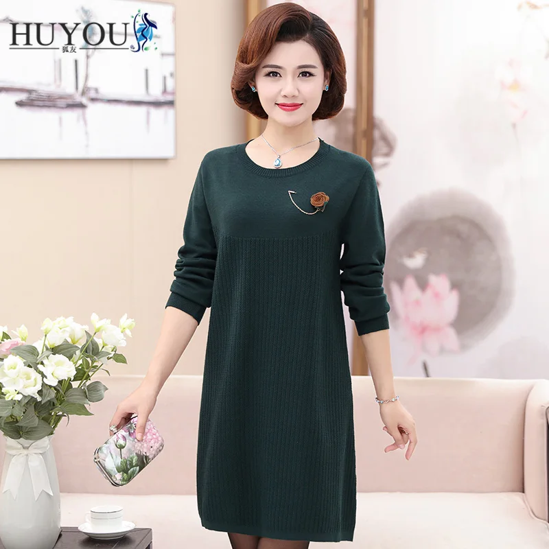 Dark green HUYOU женский длинный пуловер с круглым вырезом с длинными рукавами Повседневный вязаный свитер Новинка Весна 4XL размер женское платье - Цвет: Dark green