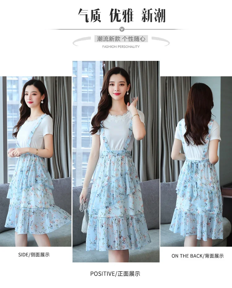 Femal Vintage Elegant Blue Chiffon Boho Midi Dresses Summer Plus Size Fake Two Piece Sundress Women Bodycon Party Vestidos