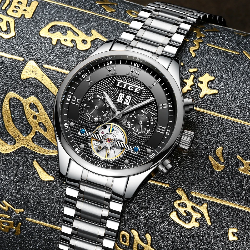LIGE Fashion Sports Watch Men Business Leather Clock Mens Watches Top Brand Luxury Automatic Mechanical Watch Relogio Masculino