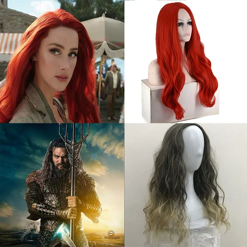 Mera and Aquaman Фильм «Лига Справедливости» аквамэн парик роль играют волос комиксов парики, костюм для косплея, Джейсон Момоа мера Косплэй парик вечерние парик красный - Цвет: Mera and Aquaman