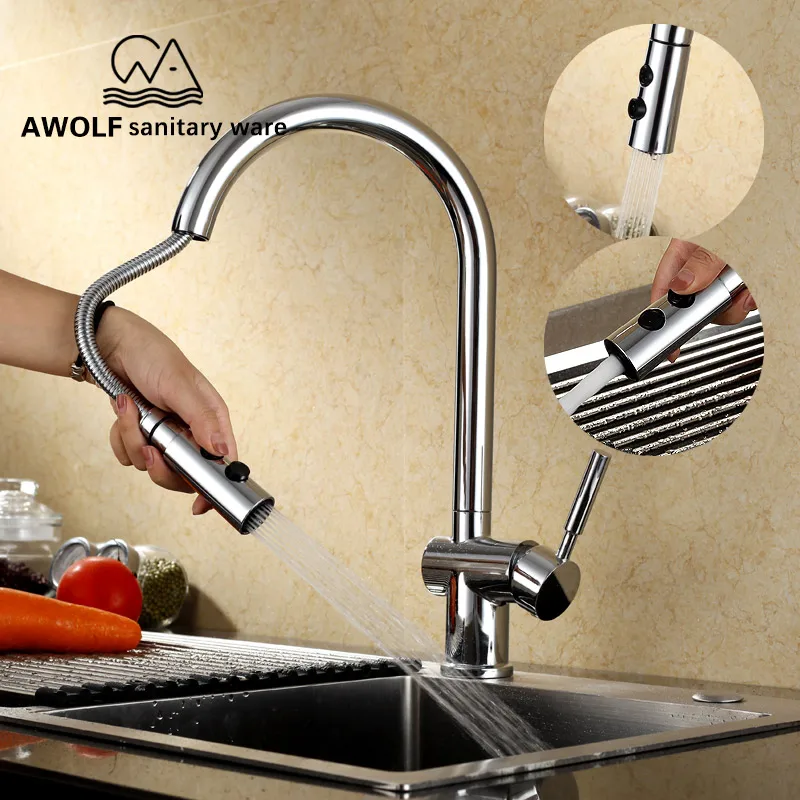 

Kitchen Sink Faucet Chrome 360 Degree Swivel Pull Out Faucet Single Handle Hot&Cold Water Deck Mounted Mixer Tap ML8002
