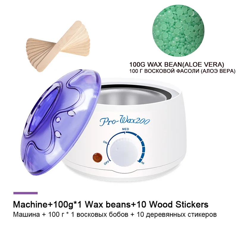 Aloe vera set Электрическая машинка для удаления волос с расплавом воска, нагреватель 100 г, восковые бобы, 10 шт., деревянные наклейки, эпилятор для удаления волос, набор для восковой эпиляции, cera depilatori - Цвет: Aloe vera set