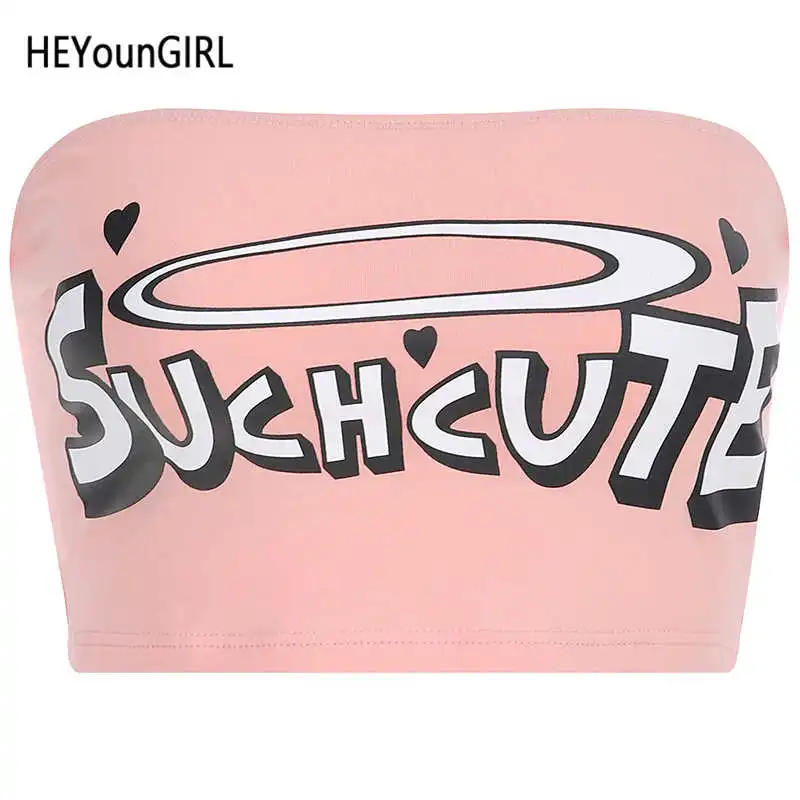 Розовый HEYounGIRL розовый милый без бретелек трубка Bra Top Повседневное письмо бандо с принтом Топ хлопчатобумажная накидка Короткие топы, футболки летняя одежда в уличном стиле - Цвет: Розовый