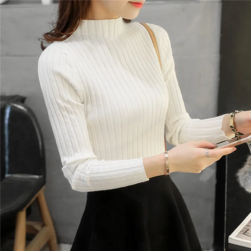 women 2021 new semi-high collar Pullover short knitted sweater Korean version of slender long sleeve bottom Shirt Black | Женская одежда