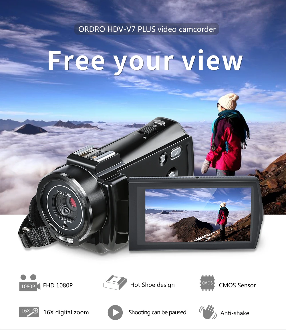 Ordro V7 Plus 1080P видеокамера Full HD видеокамера 16X цифровой зум 3,0 дюймов сенсорный экран Инфракрасный микрофон ночного видения