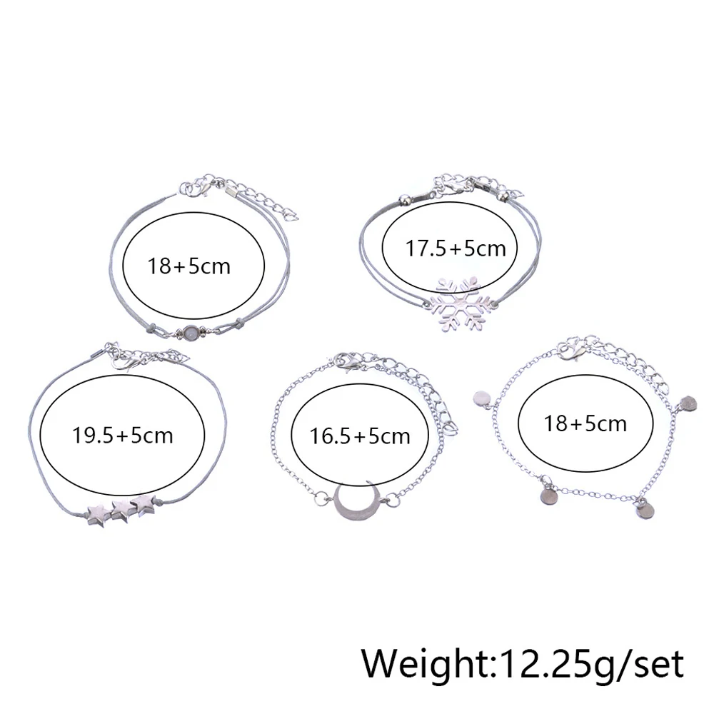 5 Pcs/Set Trend Bangle Snowflake Gems Star Crescent Wafer Chain Bracelet Set Women Exquisite Jewelry Party Accessories Gifts | Украшения и