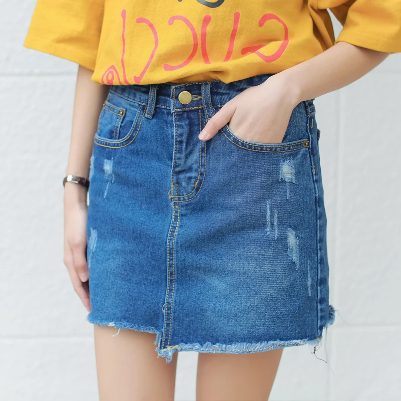 Пикантные Мини юбки Для женщин Новинка 2017 года Джинсовые RIPed короткие летние