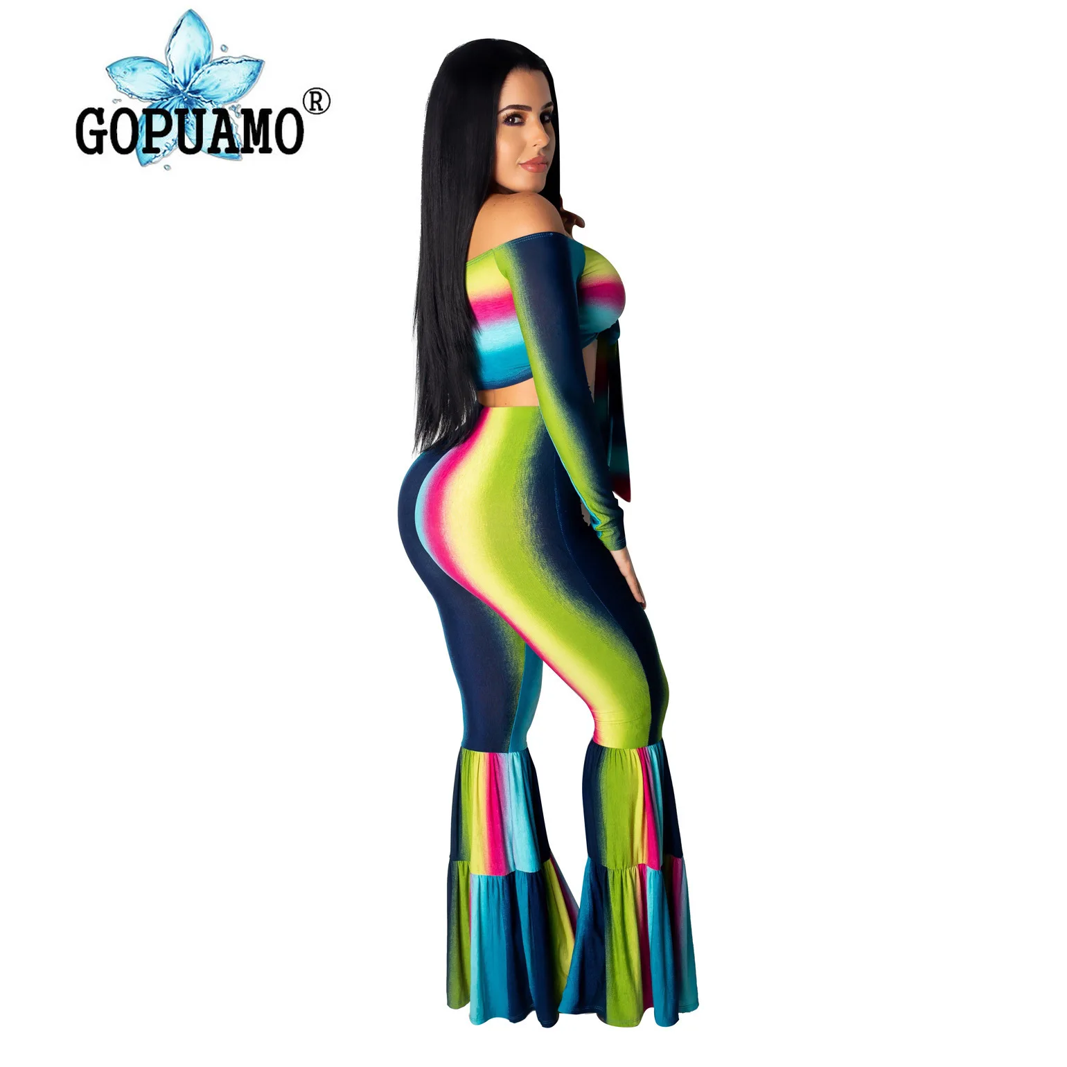 Женский костюм двойка градиентного цвета короткий топ с вырезом лодочкой и