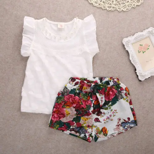 2pcs Toddler Kid Baby Girl Clothes Summer Sweet Flower Print Floral Ruffle Pearl Petal Sleeve T-Shirt Tops Shorts Outfits Set | Детская