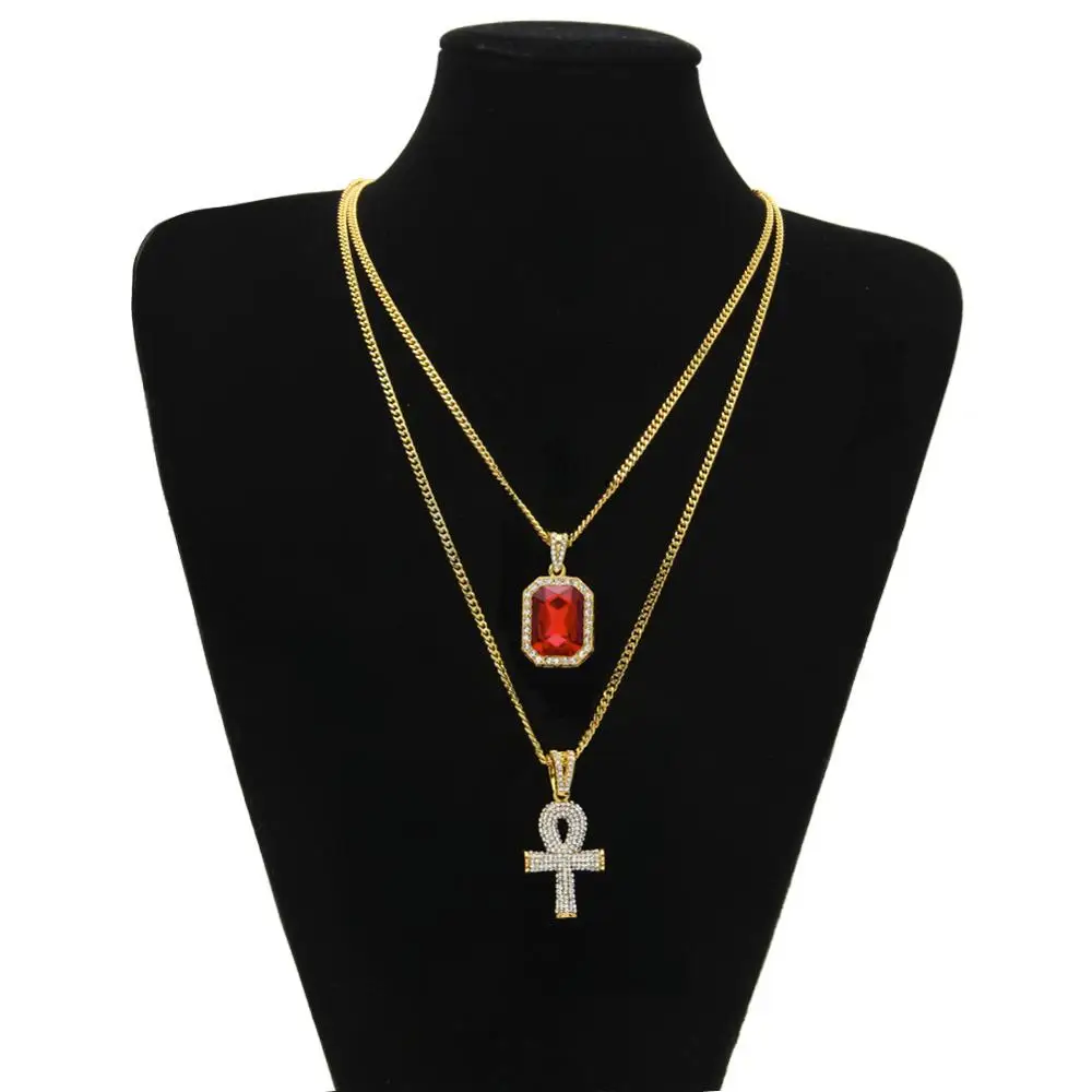 gold red 2 шт./компл. золото цвет для мужчин хип хоп bling iced out крест АНХ с мини драгоценный кулон ожерелья для мужчин 60 см длинные кубинской цепи хип - Окраска металла: gold red