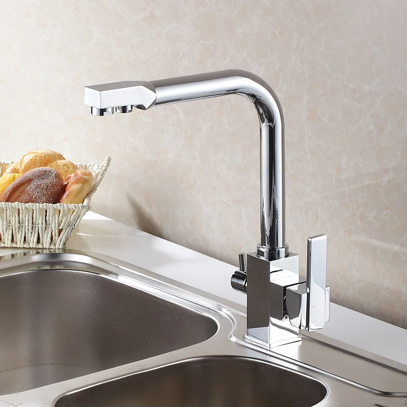 Chrome Plating Латунные смесители для кухни, бронзовый фильтр с двойной ручкой, смеситель для кухонной мойки, вращающийся на 360 градусов, кухонный кран для питьевой воды - Цвет: Chrome Plating